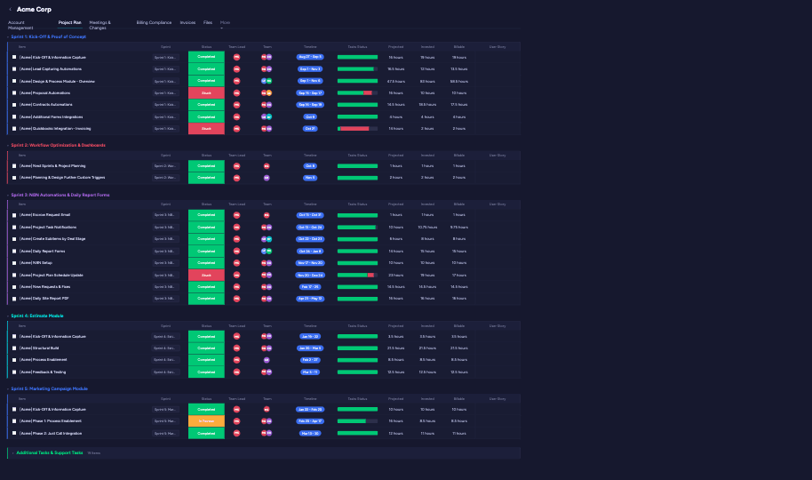 Live project plan board — sprints, owners, status and billable hours